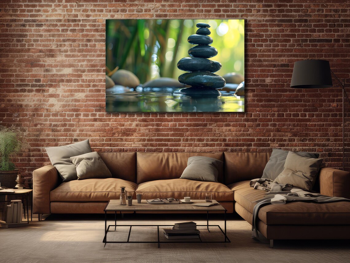 Zen Stacked Stones Water Green Bamboo Peaceful Meditation Poster - Image 3