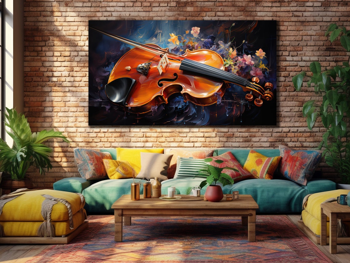 Violin With Blooming Flowers Dark Blue Classical Music Art Poster - Image 3