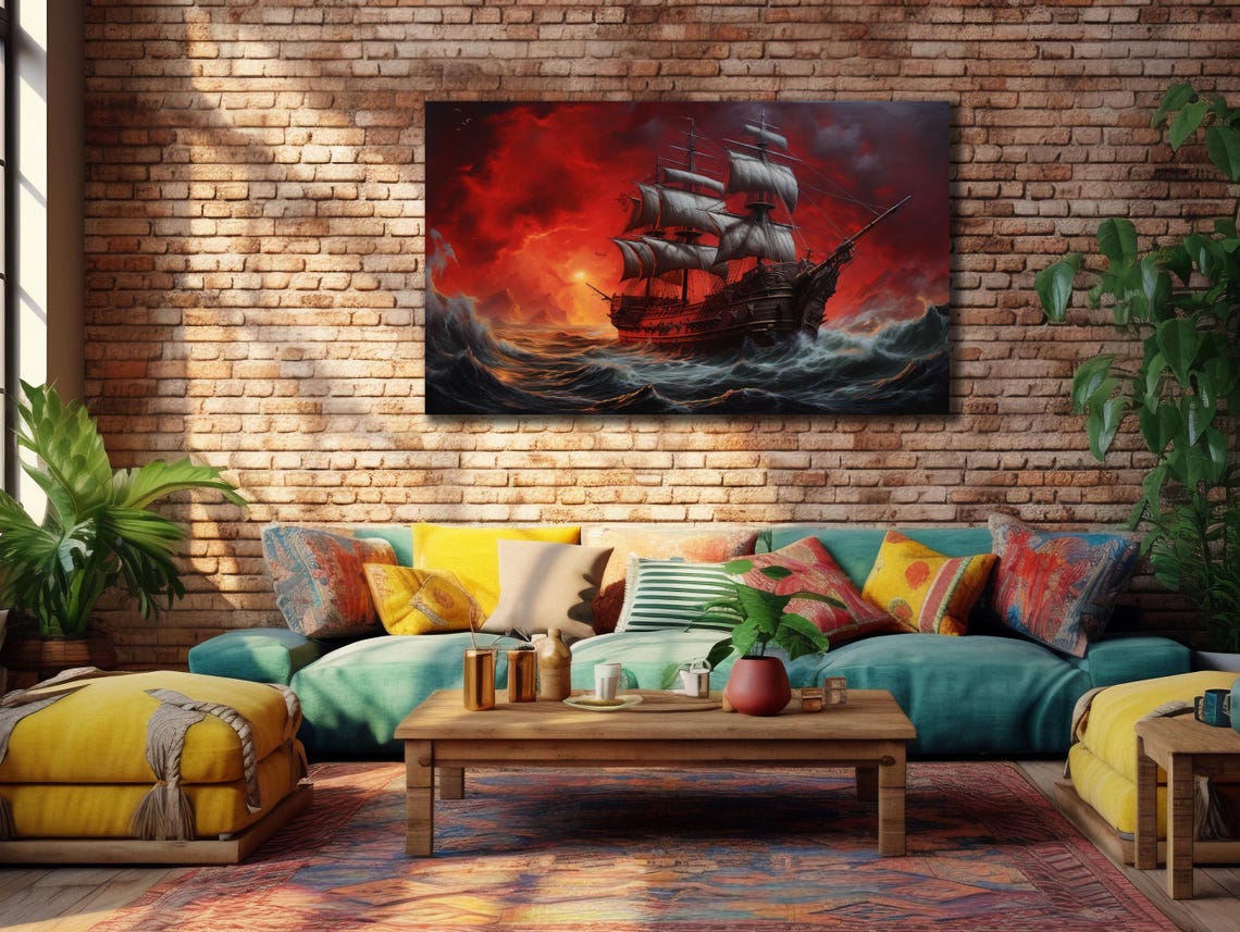 Majestic Pirate Tall Ship Blood Red Sky Stormy Ocean Waves Art Poster - Image 3