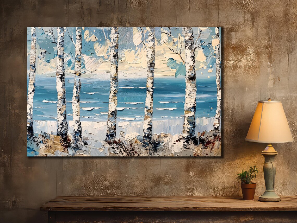 Birch Trees Winter Blue Sea Impasto Landscape Painting Travel Poster - Image 2