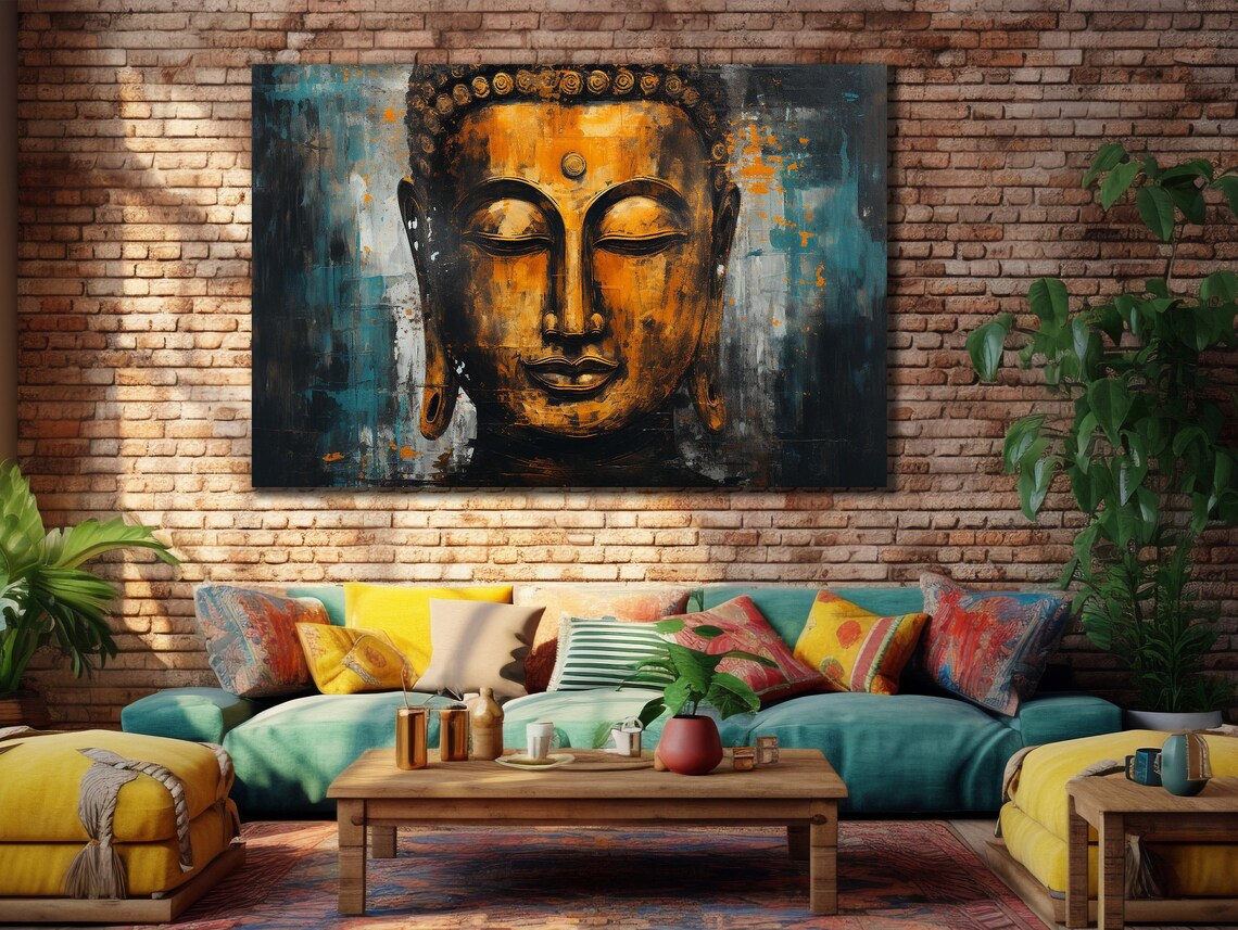 Serene Golden Buddha Face Abstract Teal Dark Zen Wall Art Poster - Image 3