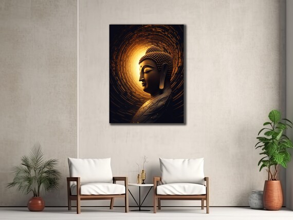 Golden Buddha Profile Radiant Halo Dark Serene Spiritual Wall Art Poster