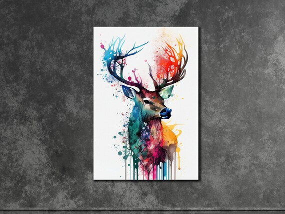 Watercolor Stag Head with Rainbow Paint Splashes Deer Poster