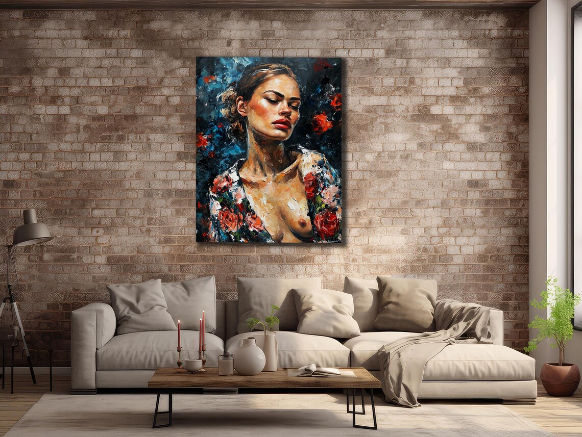 Nude Woman Floral Portrait Impressionist Oil Painting Sensual Art Poster - Image 3