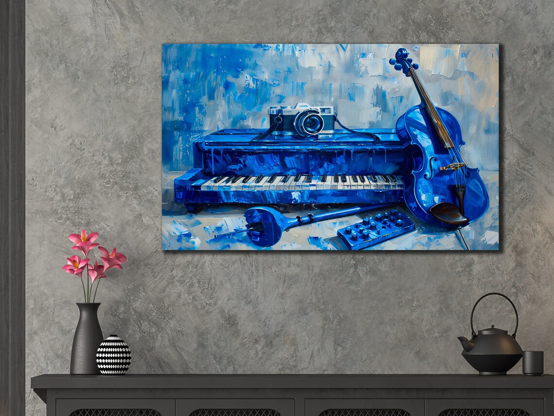 Blue Piano with Violin and Vintage Camera Still Life Music Poster - Image 3