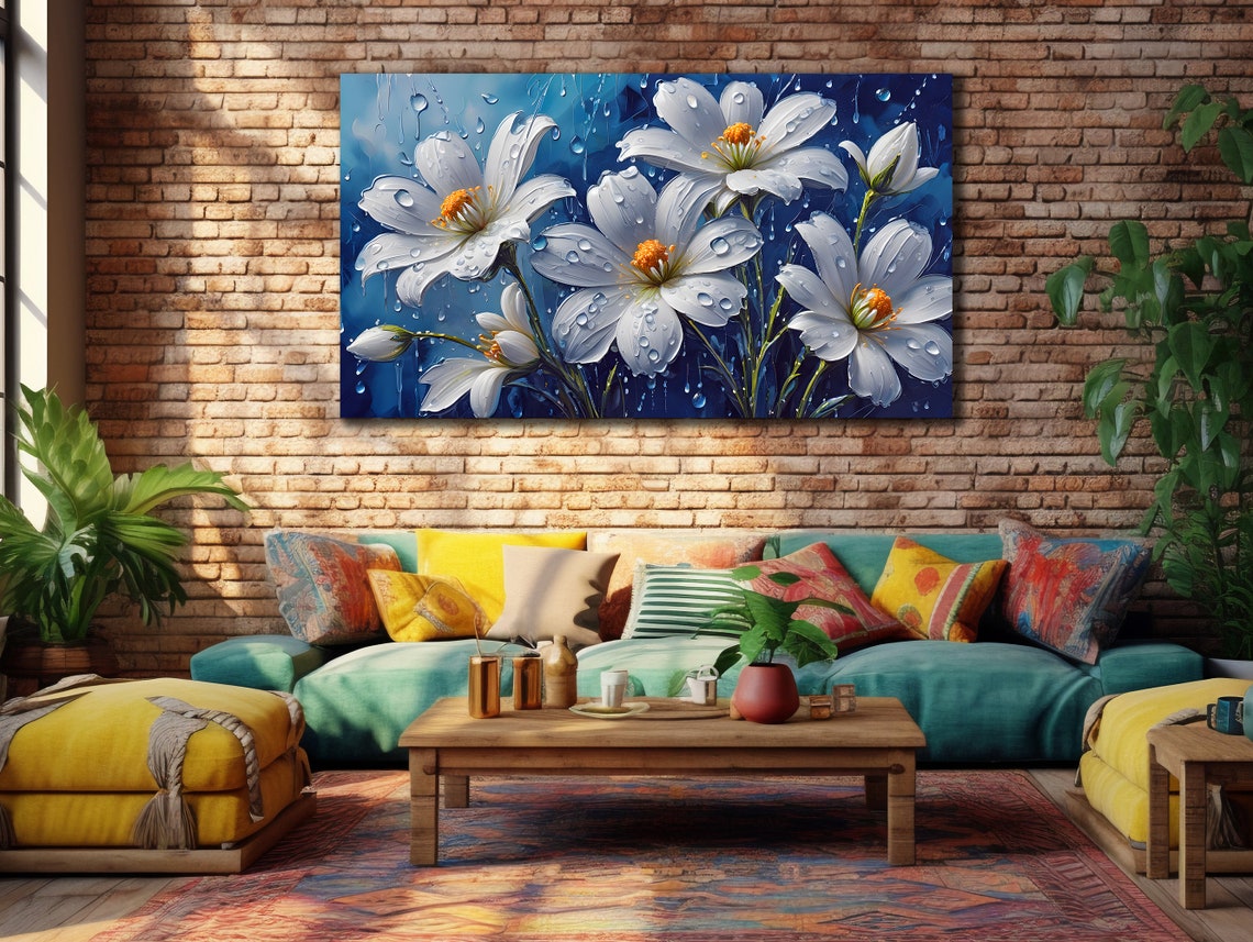 White Flowers With Rain Droplets Deep Blue Botanical Wall Art