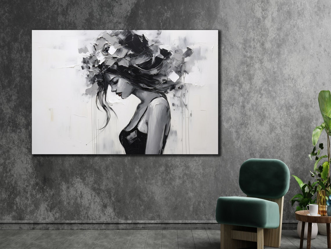 Black White Woman Profile Floral Crown Elegant Monochrome Wall Print - Image 3