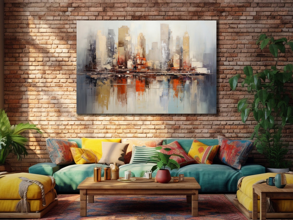 Abstract Waterfront Skyline Warm Beige Reflection Modern City Poster - Image 2