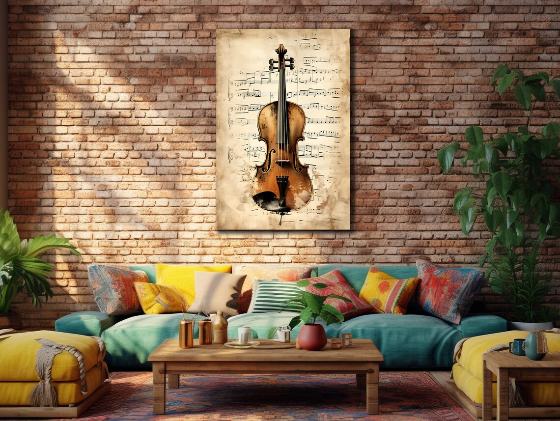 Violin on Vintage Sheet Music Sepia Classical Instrument Wall Art Print - Image 3