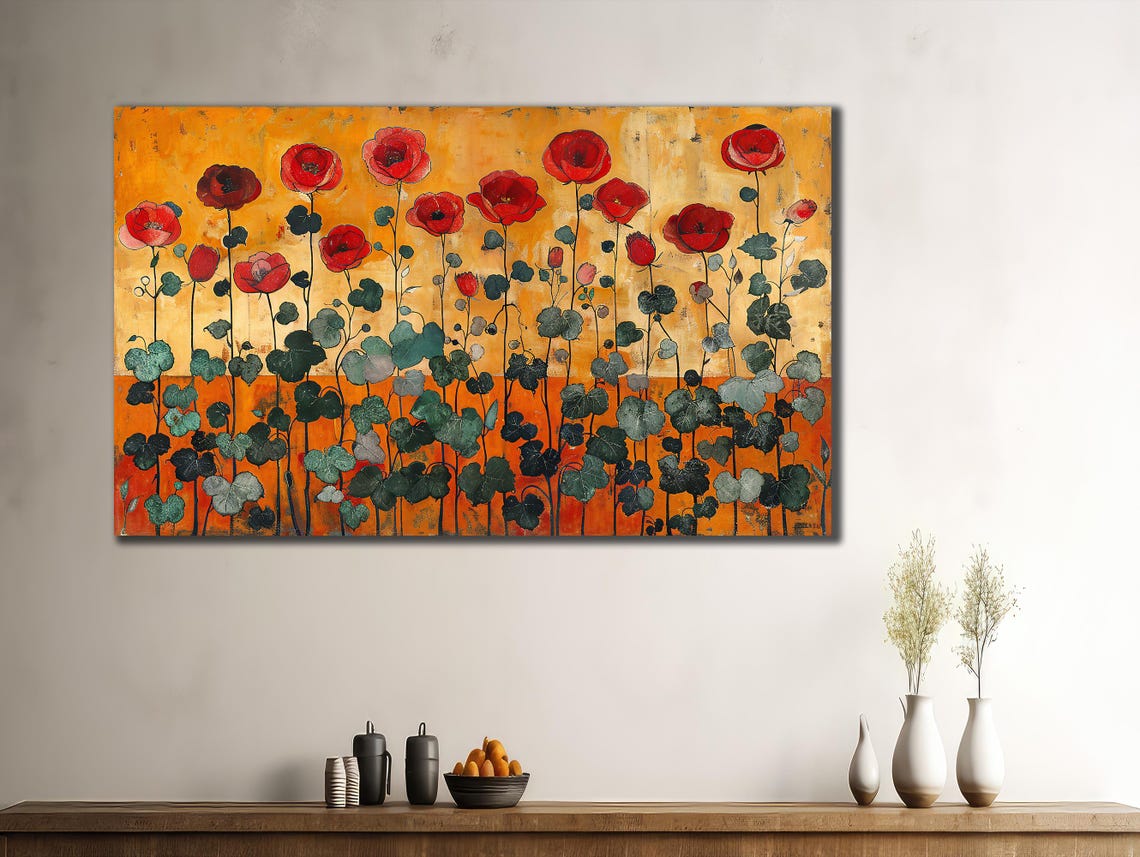 Red Poppies Golden Field Abstract Floral Meadow Wall Art Poster - Image 3