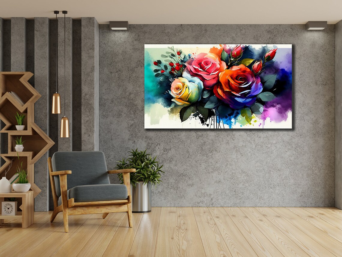 Colorful Watercolor Roses Bouquet Rainbow Splashes Floral Art Poster - Image 2