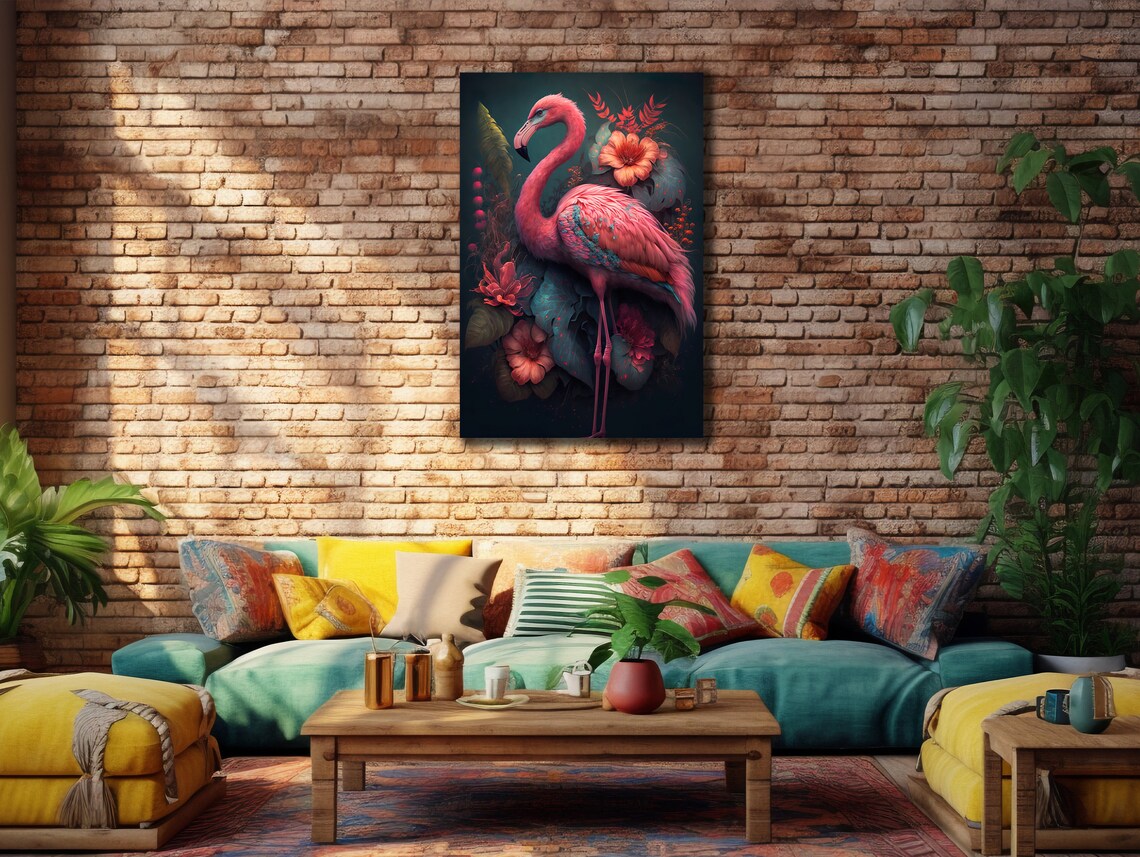 Pink Flamingo Tropical Flowers Dark Background Wildlife Art Poster - Image 3