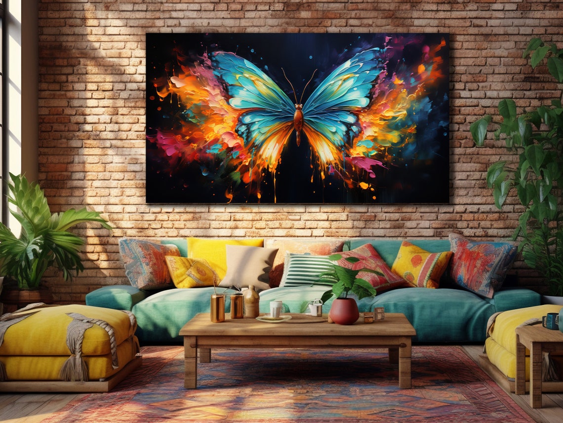 Blue Orange Butterfly Paint Splash Black Background Wall Art Print