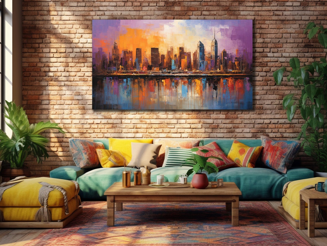 Abstract City Skyline Sunset Reflection Waterfront Colors Art Poster