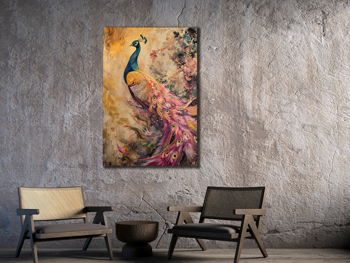 Elegant Peacock in Gold and Pink Vintage Floral Style Poster - Image 2