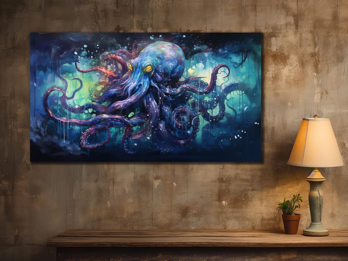Cosmic Octopus Neon Tentacles Deep Blue Underwater Galaxy Art Print - Image 2