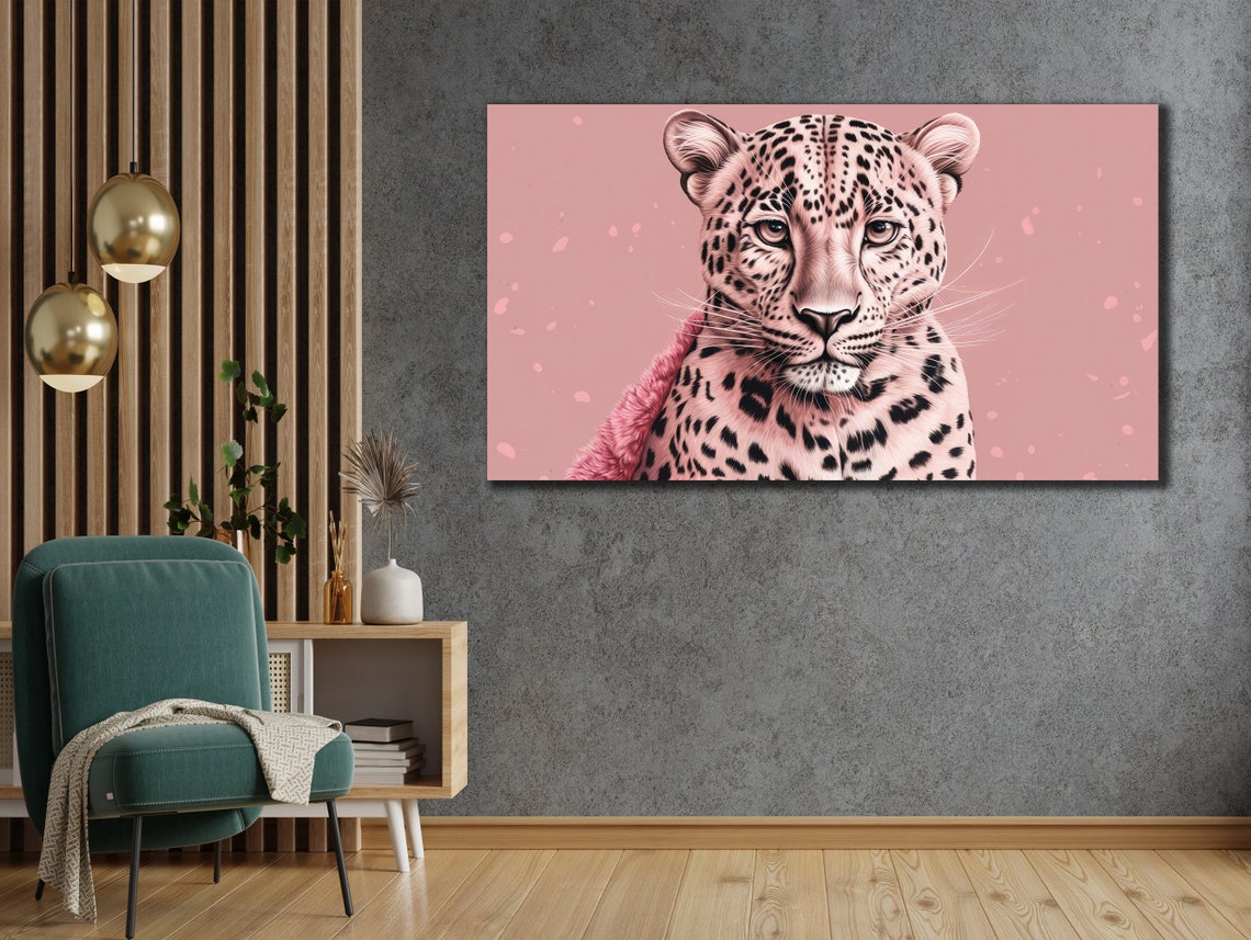 Pink Leopard Portrait Big Cat Soft Pink Floral Background Art Poster - Image 2