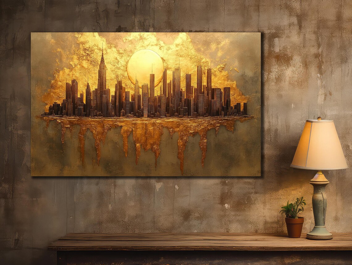 New York Golden Moon Skyline Empire State Dripping Gold Art Poster - Image 2