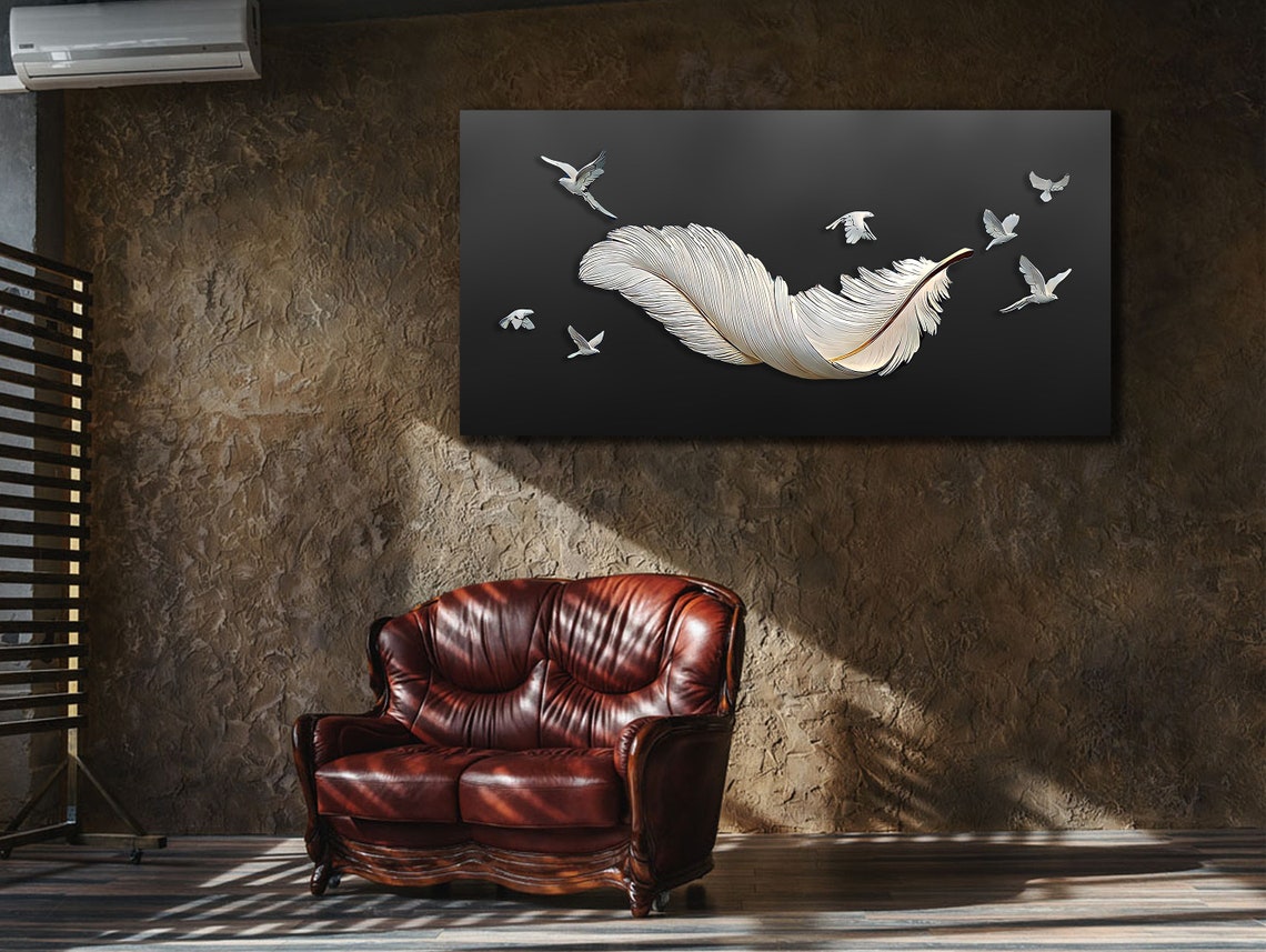 White Feather Birds Minimalist Black Background Wall Art Poster - Image 3