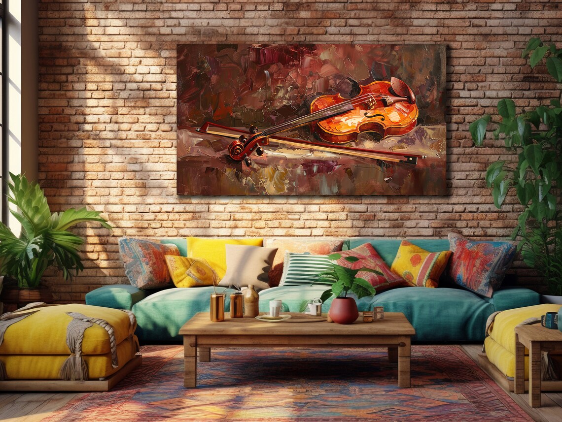Vintage Violin Still Life Oil Painting Warm Amber Instrument Art Print - Image 2