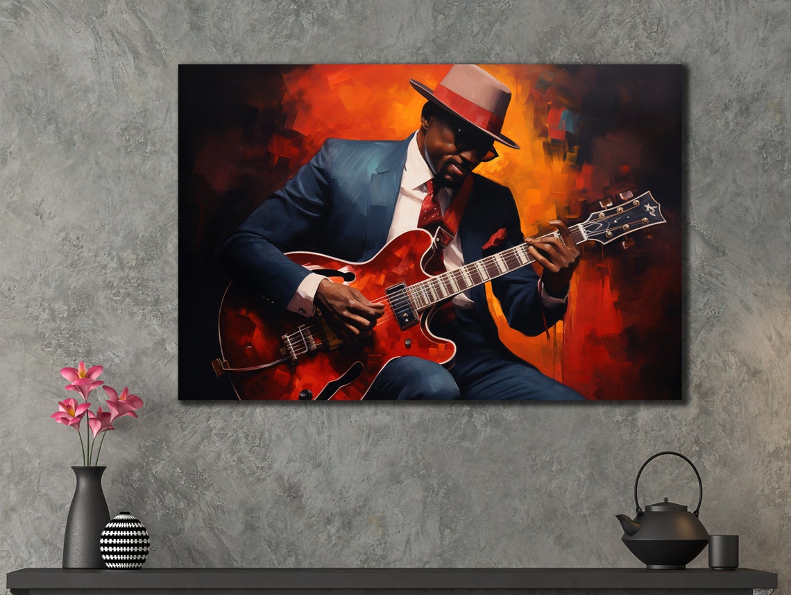 Jazz Guitarist In Suit And Hat Playing Red Electric Guitar Poster - Image 3
