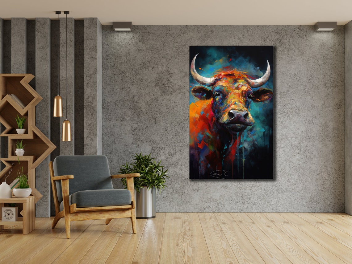 Colorful Bull Head Portrait Orange Blue Abstract Animal Art Poster - Image 2
