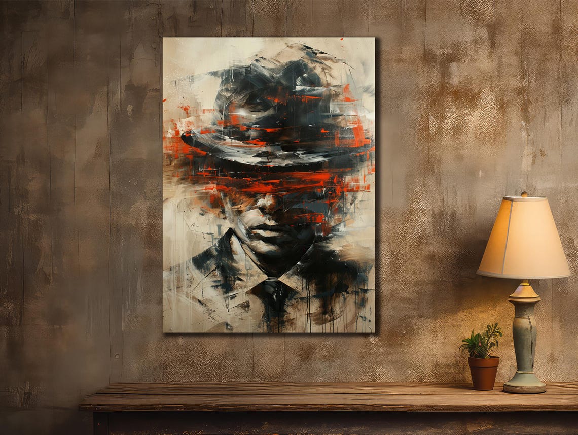 Mysterious Man Hat Abstract Red Black Portrait Urban Edgy Wall Poster