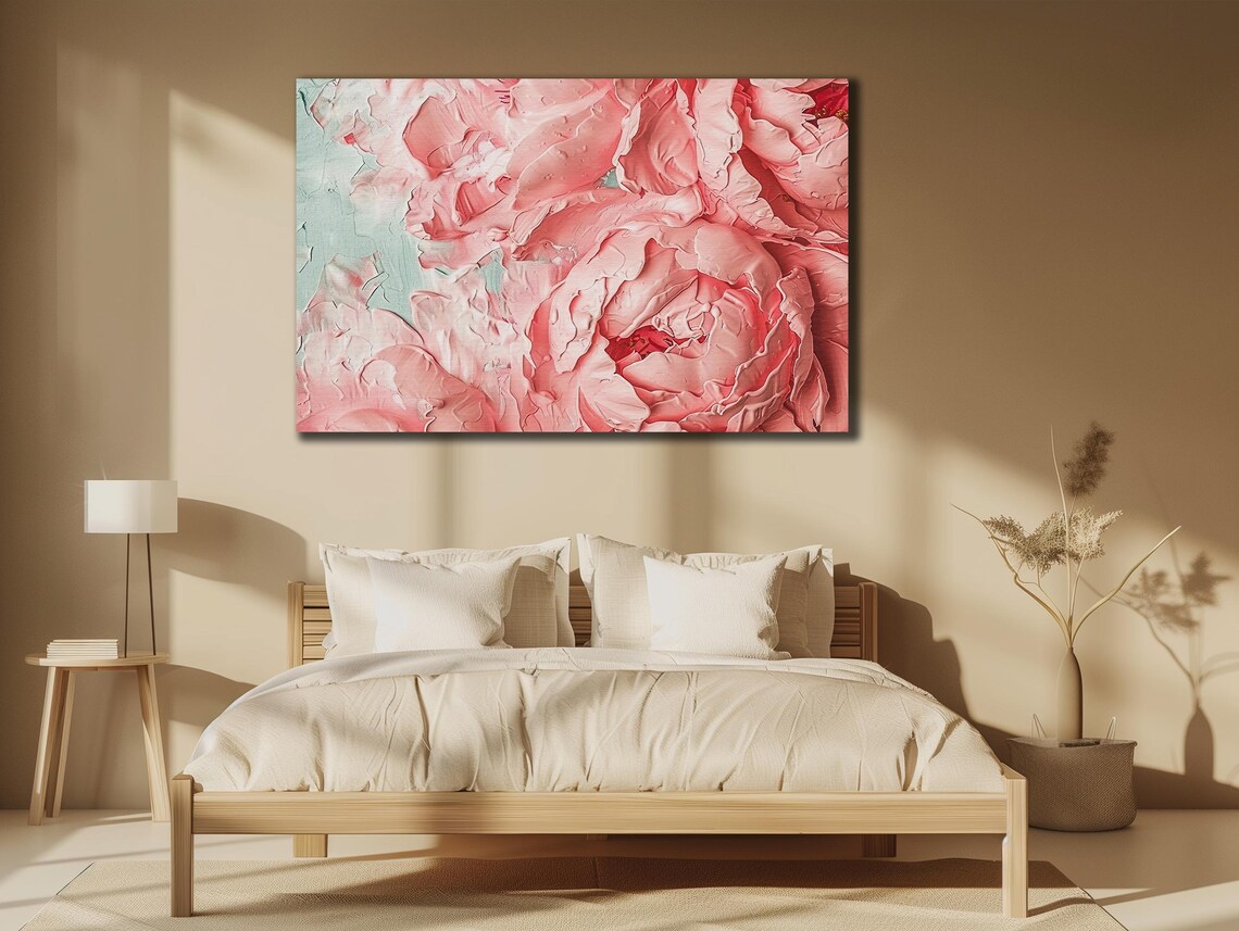 Blush Pink Peonies Close Up Impasto Mint Green Floral Art Poster
