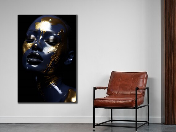 Golden Blue Woman Face Paint Striking Abstract Portrait Wall Art