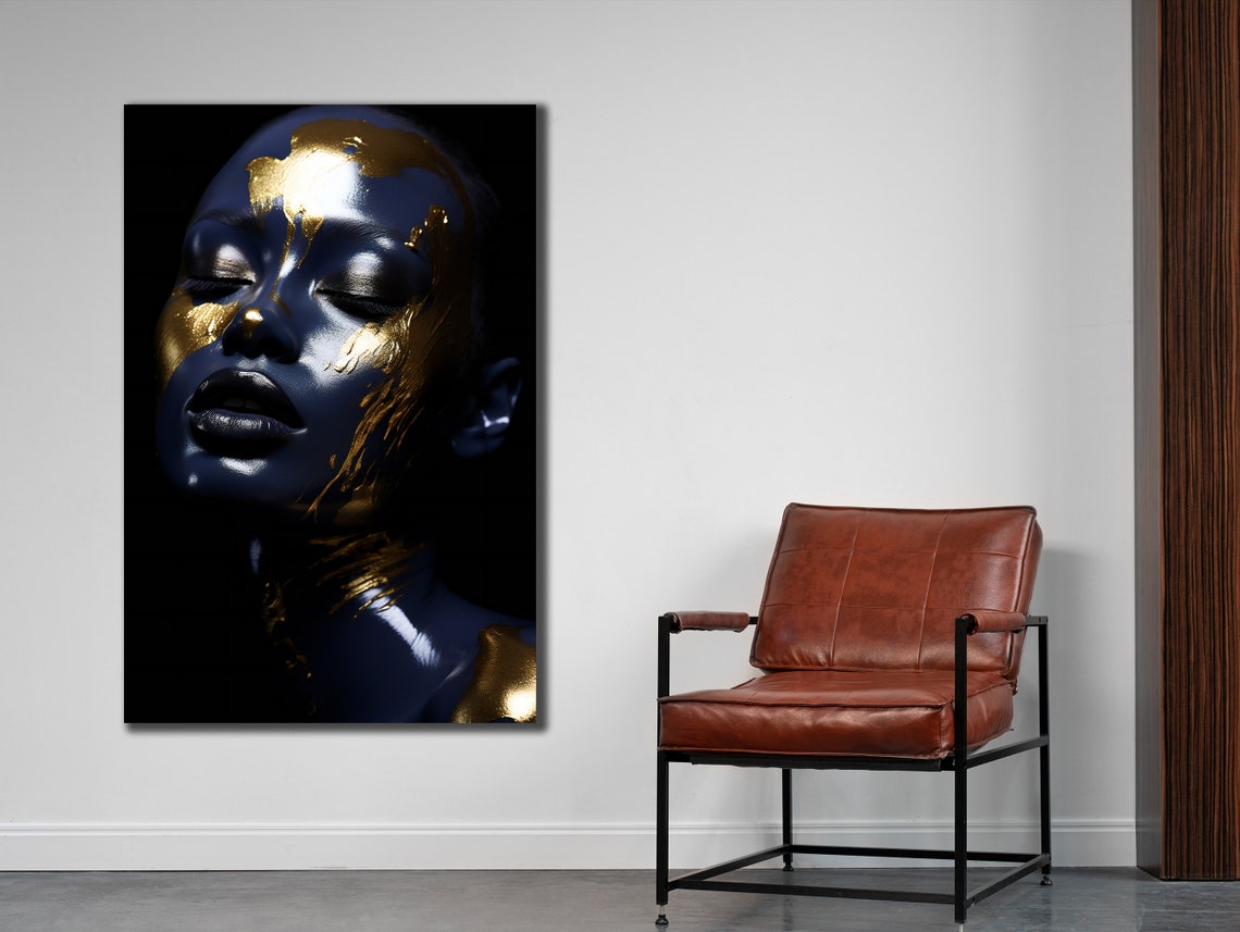 Golden Blue Woman Face Paint Striking Abstract Portrait Wall Art