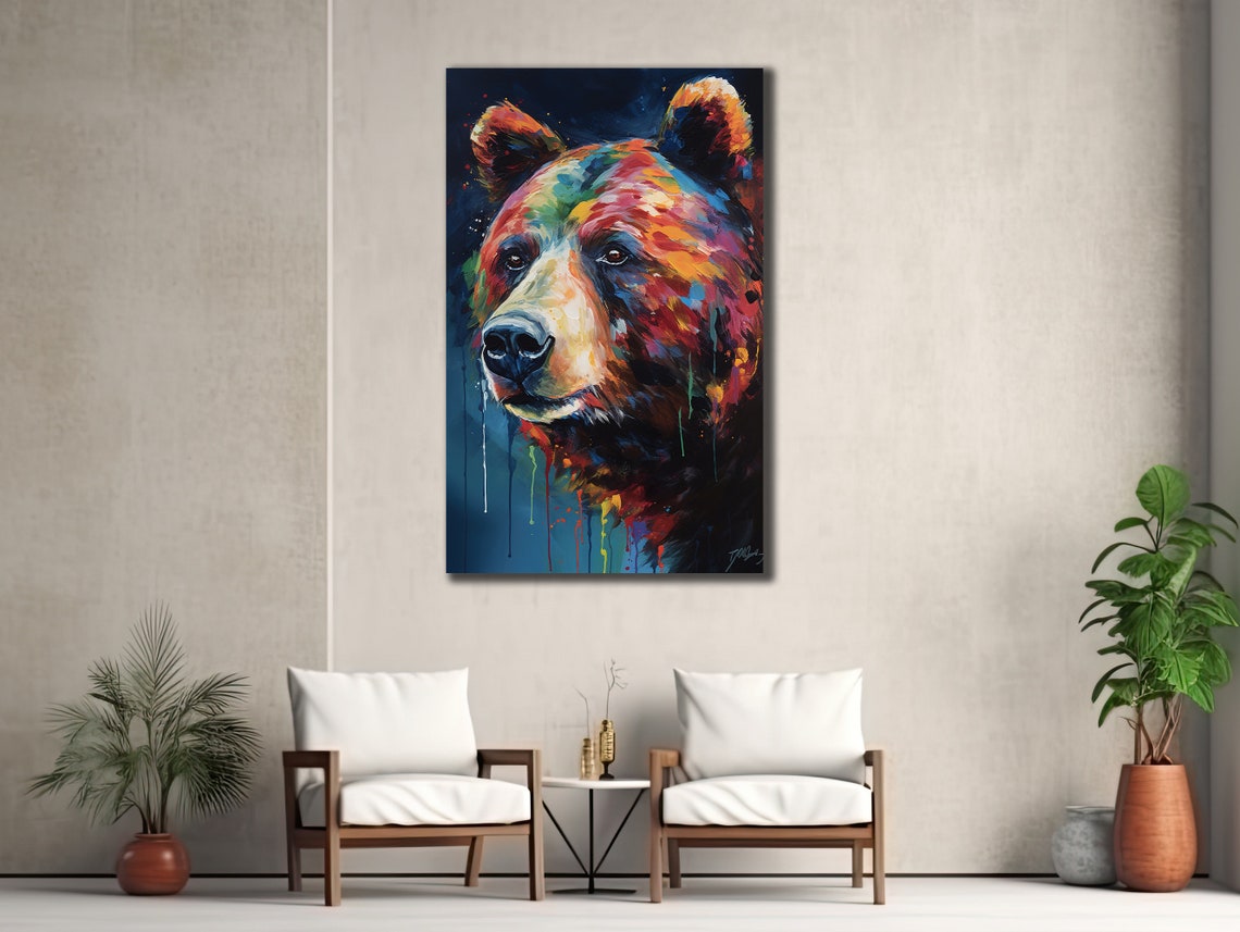 Bear Head Rainbow Brushstrokes Dark Blue Wildlife Wall Art Print - Image 2