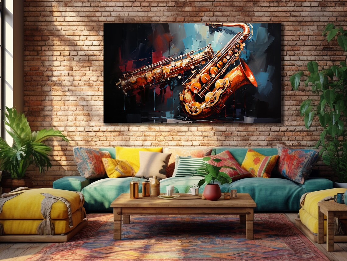 Golden Saxophone Dark Blue Abstract Jazz Instrument Glow Poster
