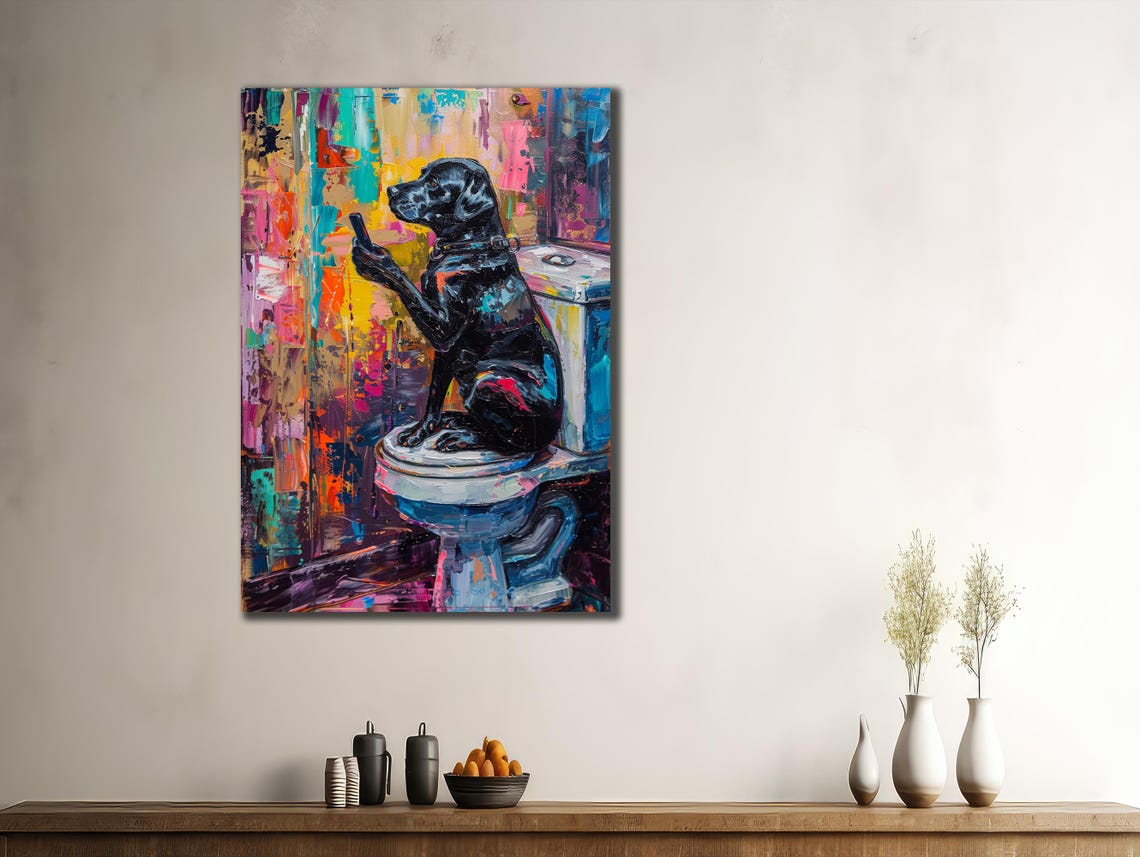 Dog Sitting On The Toilet Looking At The Phone Funny Bathroom Art Dog Wall Decor Animal Wall Art Toilet Wall Art Funny Dog Bathroom Print - Image 3