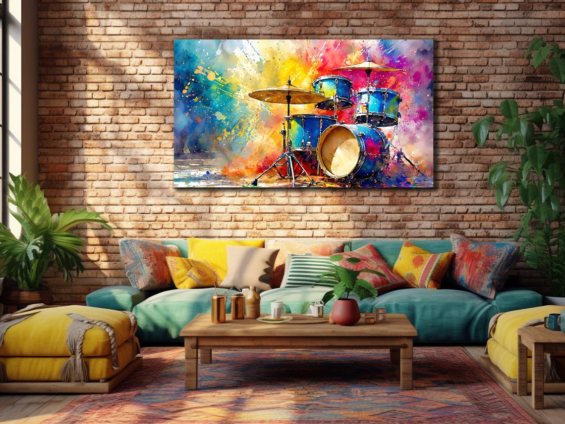 Colorful Drum Kit Watercolor Splash Music Instruments Art Poster