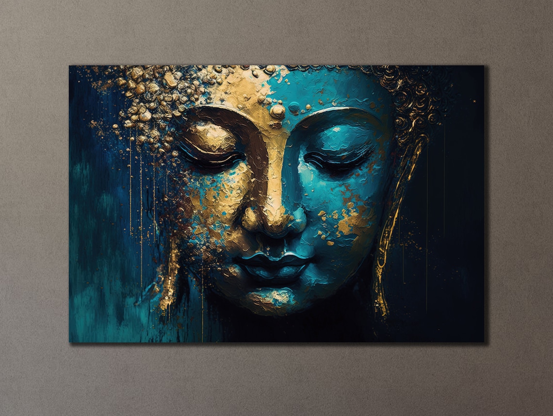 Buddha Face Blue Gold Painting Serene Spiritual Meditation Zen Wall Art Poster - Image 3