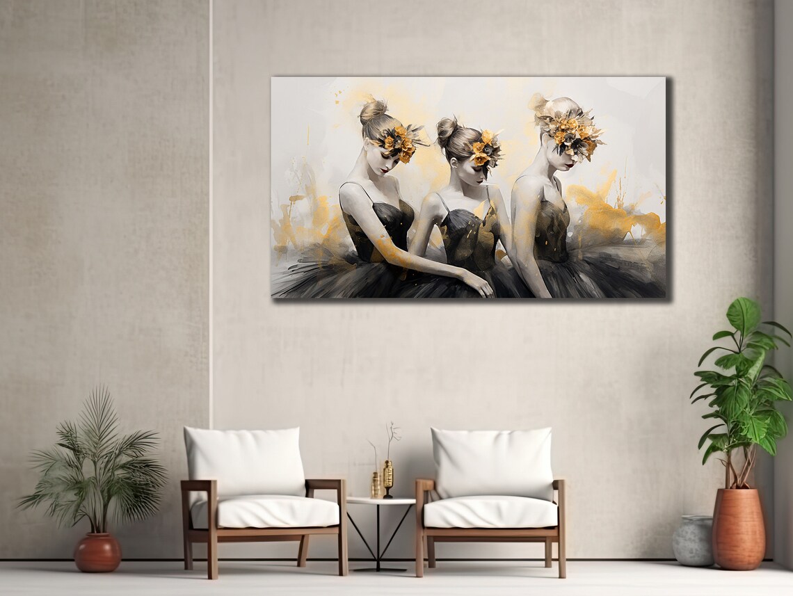 Three Ballerinas Gold Floral Painting Dreamy Ballet Dancers Elegant Wall Poster - Image 2
