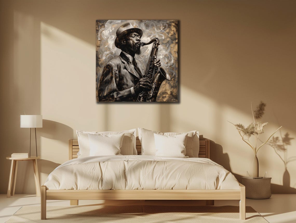 Saxophone Player Monochrome Jazz Musician Hat Smoky Painting Poster