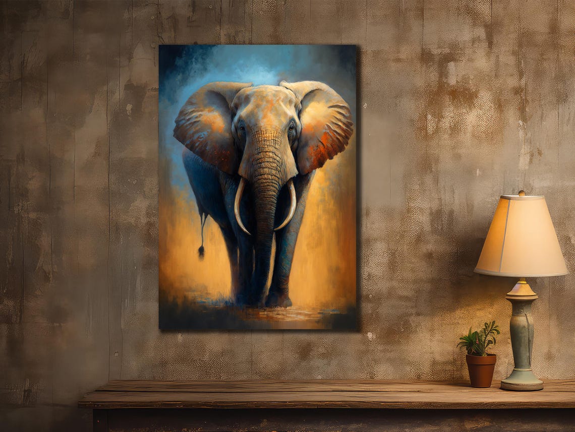 Elephant Facing Forward Orange Blue Abstract Painting Art Poster