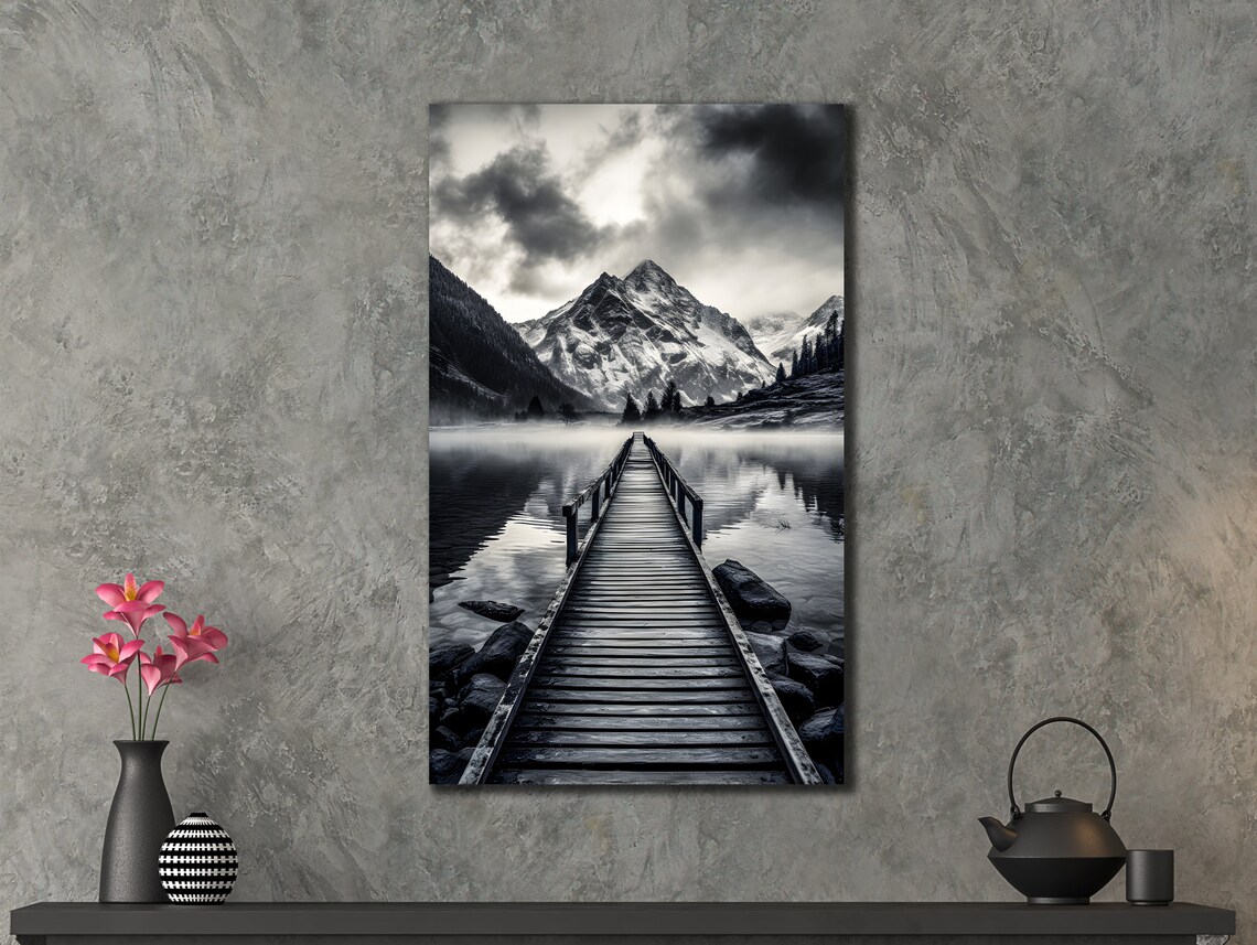 Misty Mountain Lake Wooden Pier Monochrome Nature Travel Poster - Image 2