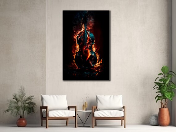 Burning Cello String Instrument Flames Teal Orange Wall Art Poster