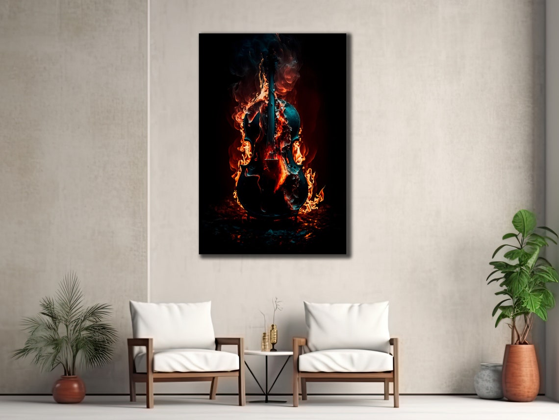 Burning Cello String Instrument Flames Teal Orange Wall Art Poster