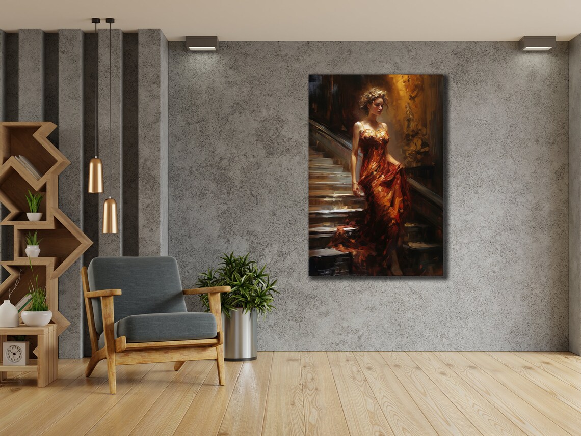 Elegant Woman In Flowing Red Dress Descending Stairs Art Poster - Image 2