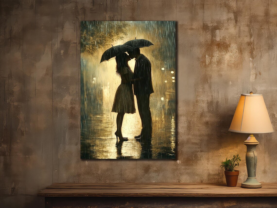 Romantic Couple Kissing Under Umbrella Rainy Golden Night Poster - Image 2
