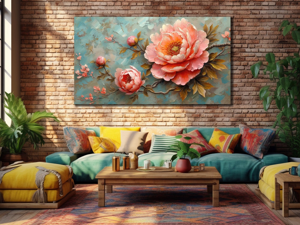 Pink Peonies Blossom Branch Turquoise Background Floral Art Poster