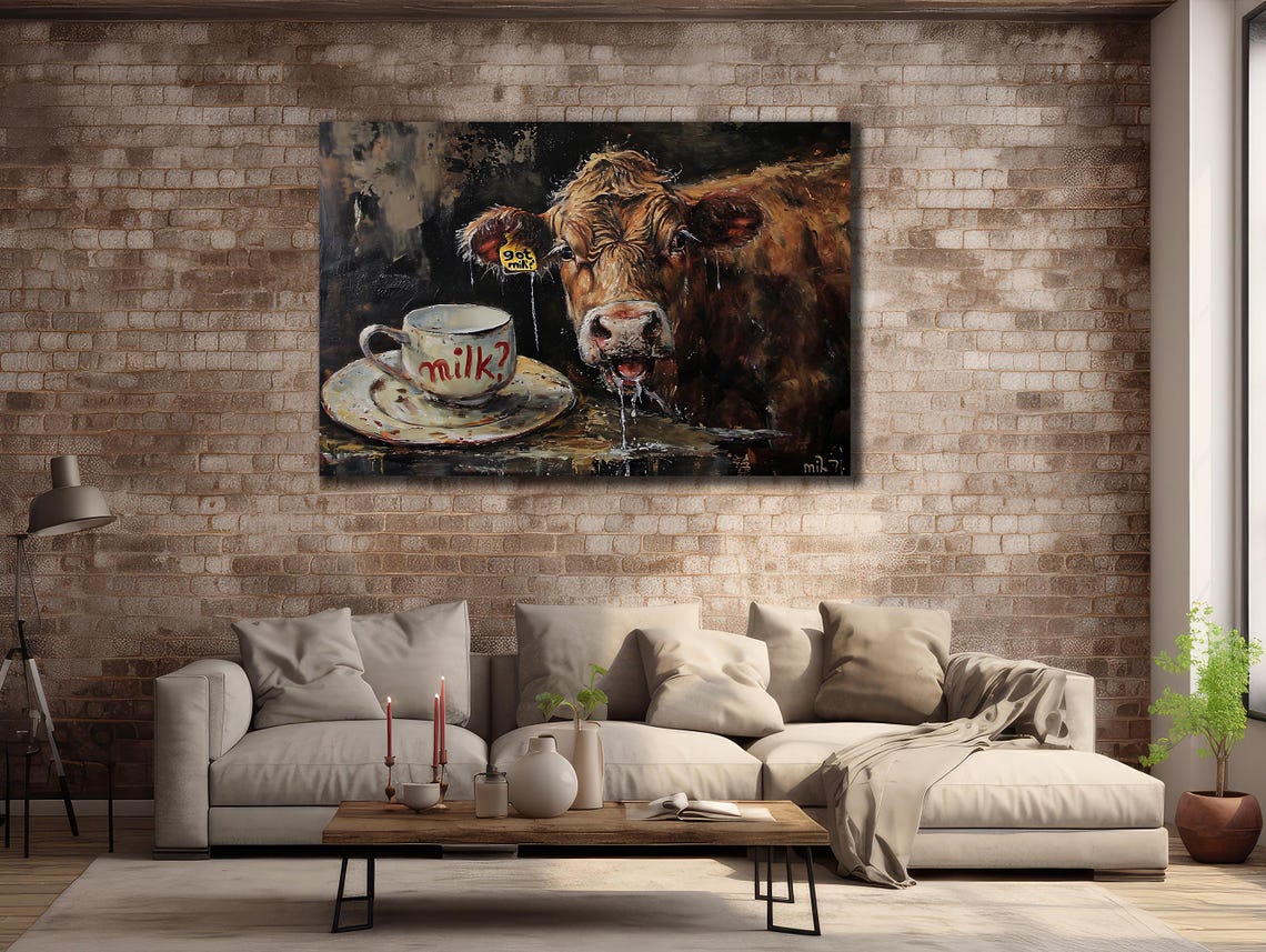 Funny Brown Cow Drinking Milk Question Humorous Kitchen Poster - Image 2