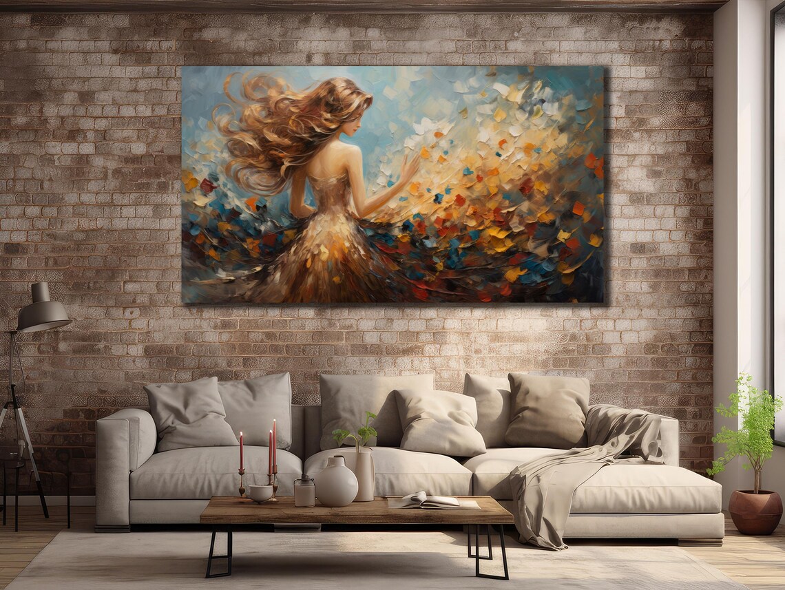 Dancer with Flowing Golden Dress Oil Painting Autumn Leaves Art Poster