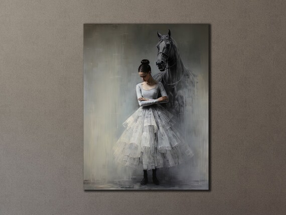 Ballerina in White Tutu Beside Dark Horse Dreamy Grey Art Poster