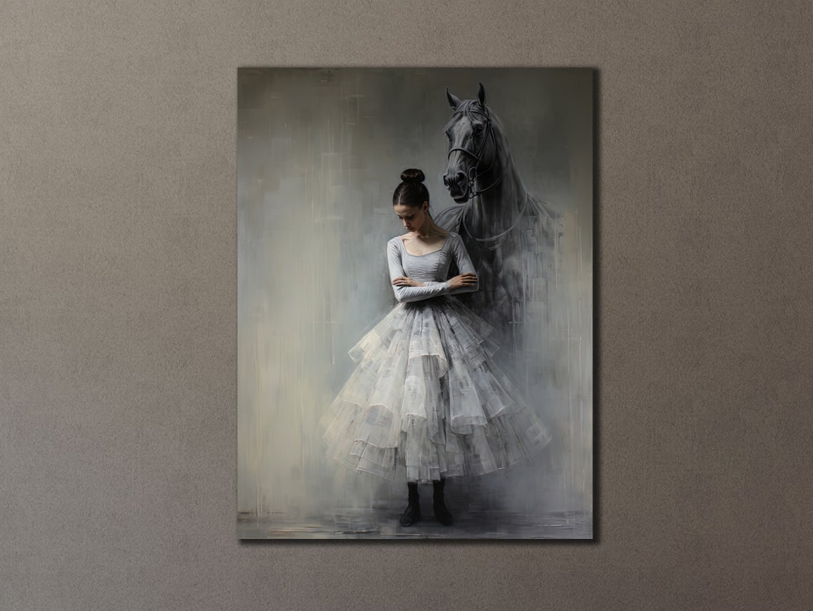 Ballerina in White Tutu Beside Dark Horse Dreamy Grey Art Poster