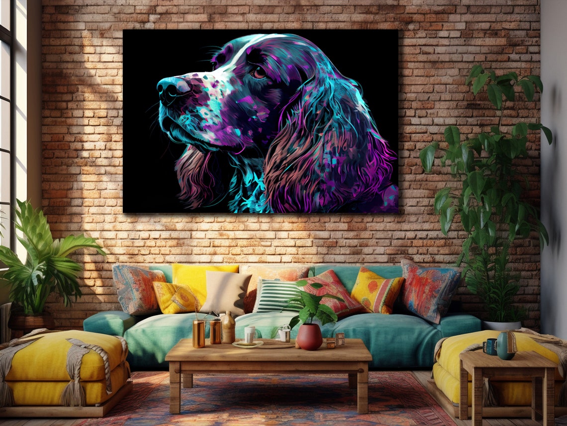 Neon Spaniel Dog Portrait Purple Blue Pop Art Pet Wall Art Print