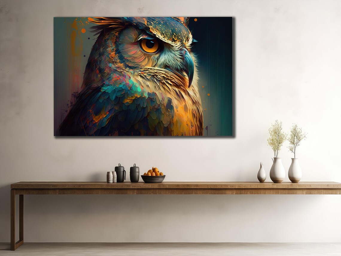 Colorful Owl Portrait Teal Orange Feathers Amber Eye Art Poster